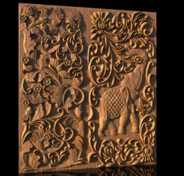 3D Elephant Floral Wall Panel Relief RLF File for CNC Carving