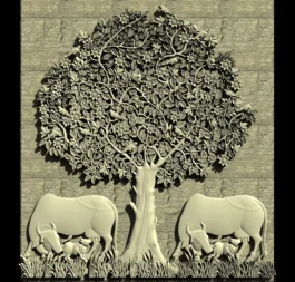 3D Tree with Cow and Calf Scene RLF File for CNC Carving Panel