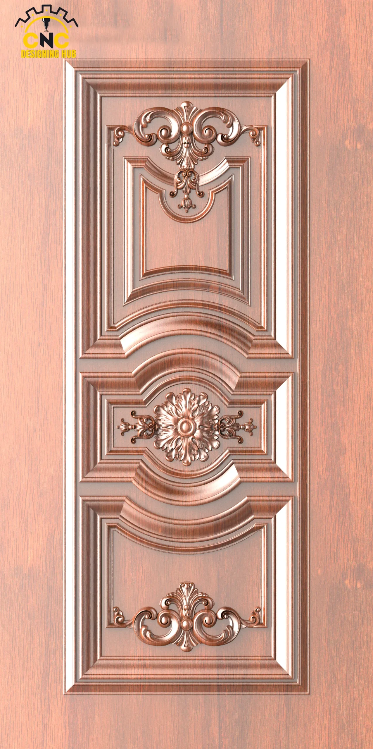 Luxury Royal Floral CNC Door Design File with decorative wooden carvings and floral medallion for MDF and wooden main entrance doors