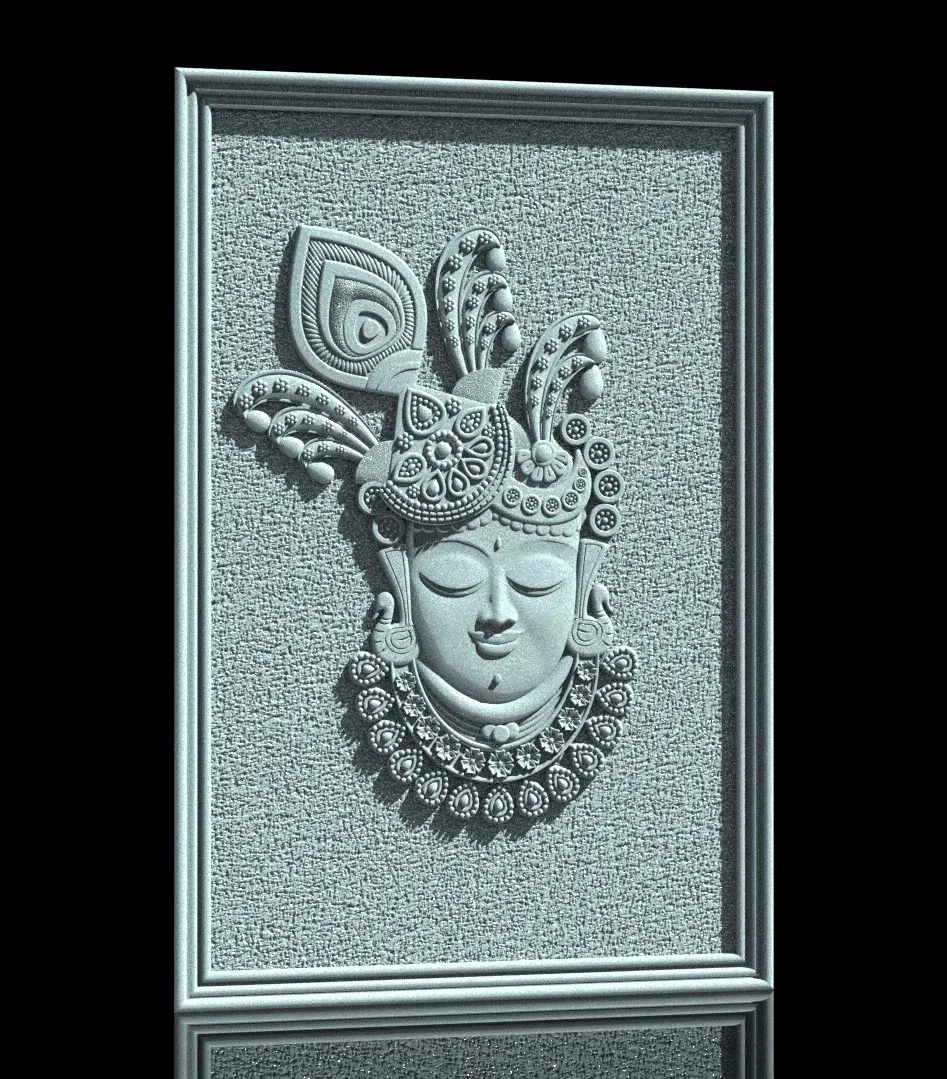 Lord Krishna Face CNC Wall Panel with Peacock Feather Crown and 3D Relief Carving RLF File