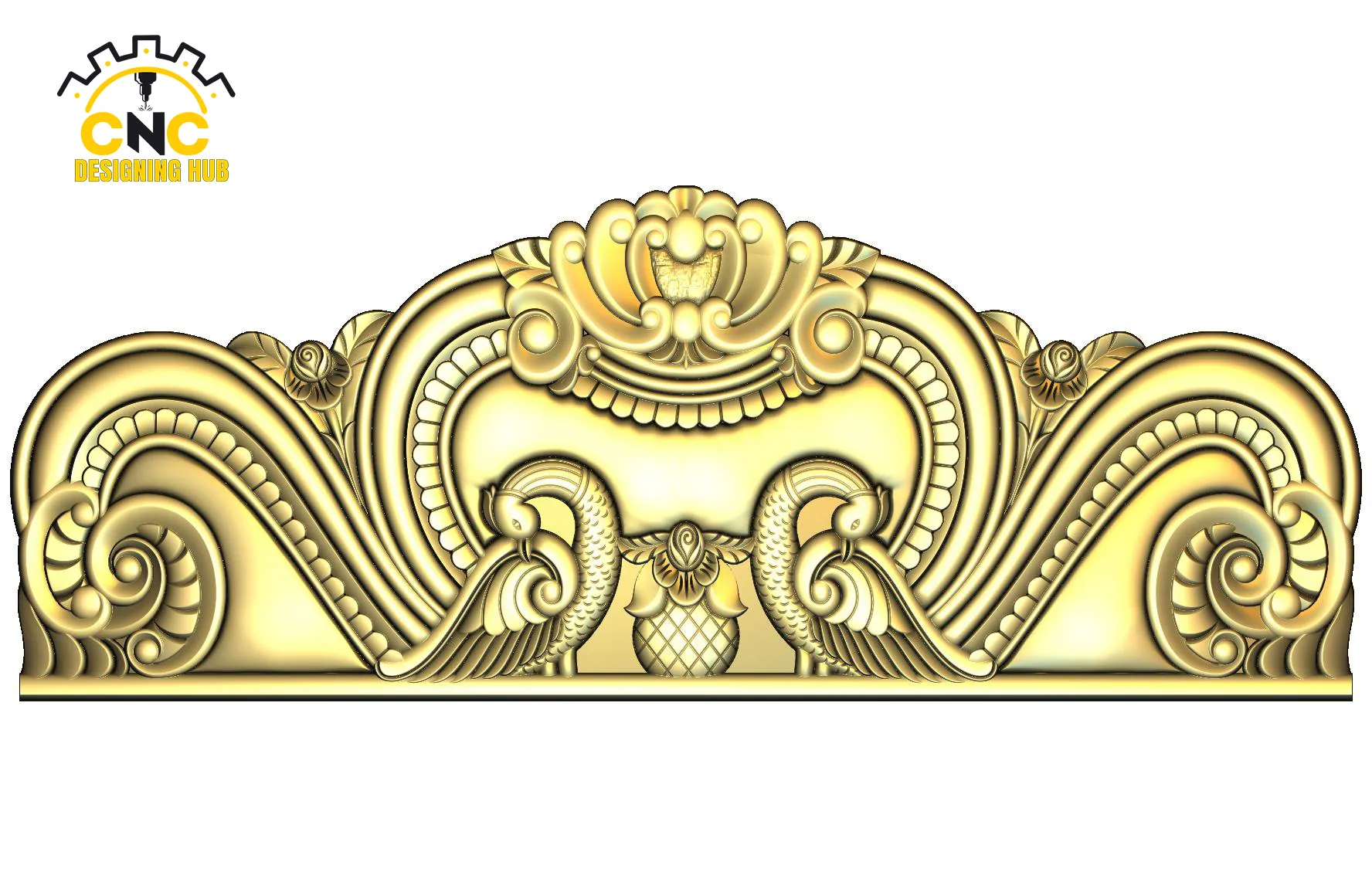3D CNC bird panel carving design with feather details and floral scrollwork
